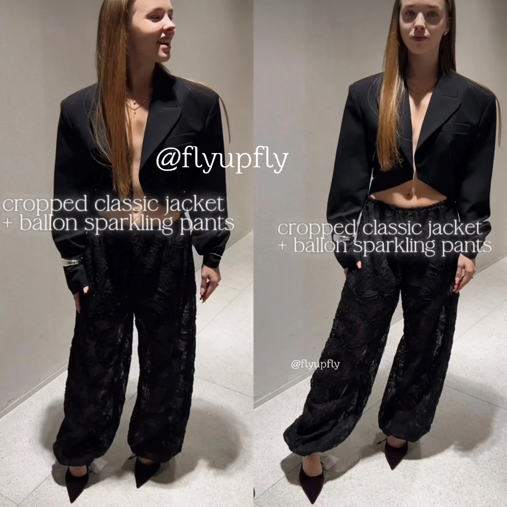 ZARA Set 2pc SEQUINED BALLOON PANTS AND TOP BLACK Size M
